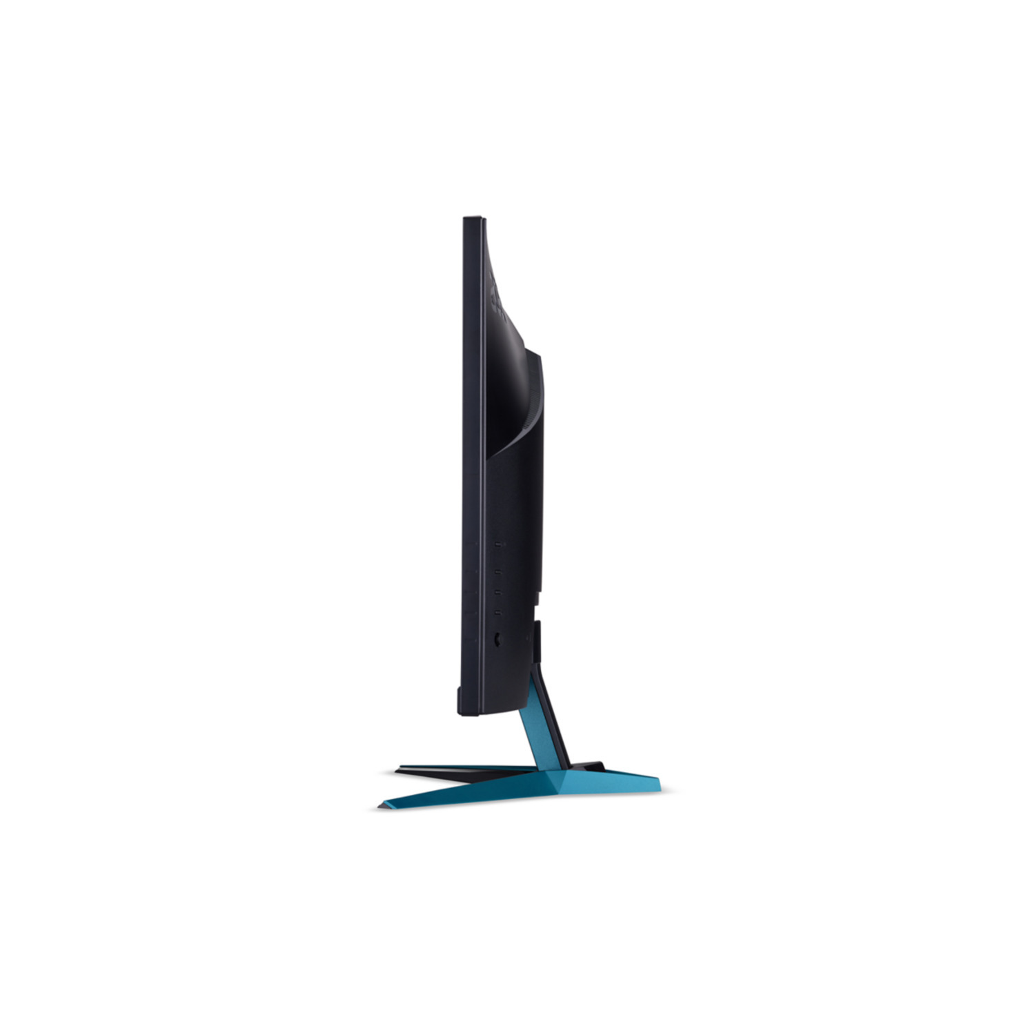 Side view of a black and blue computer monitor on a blue stand.