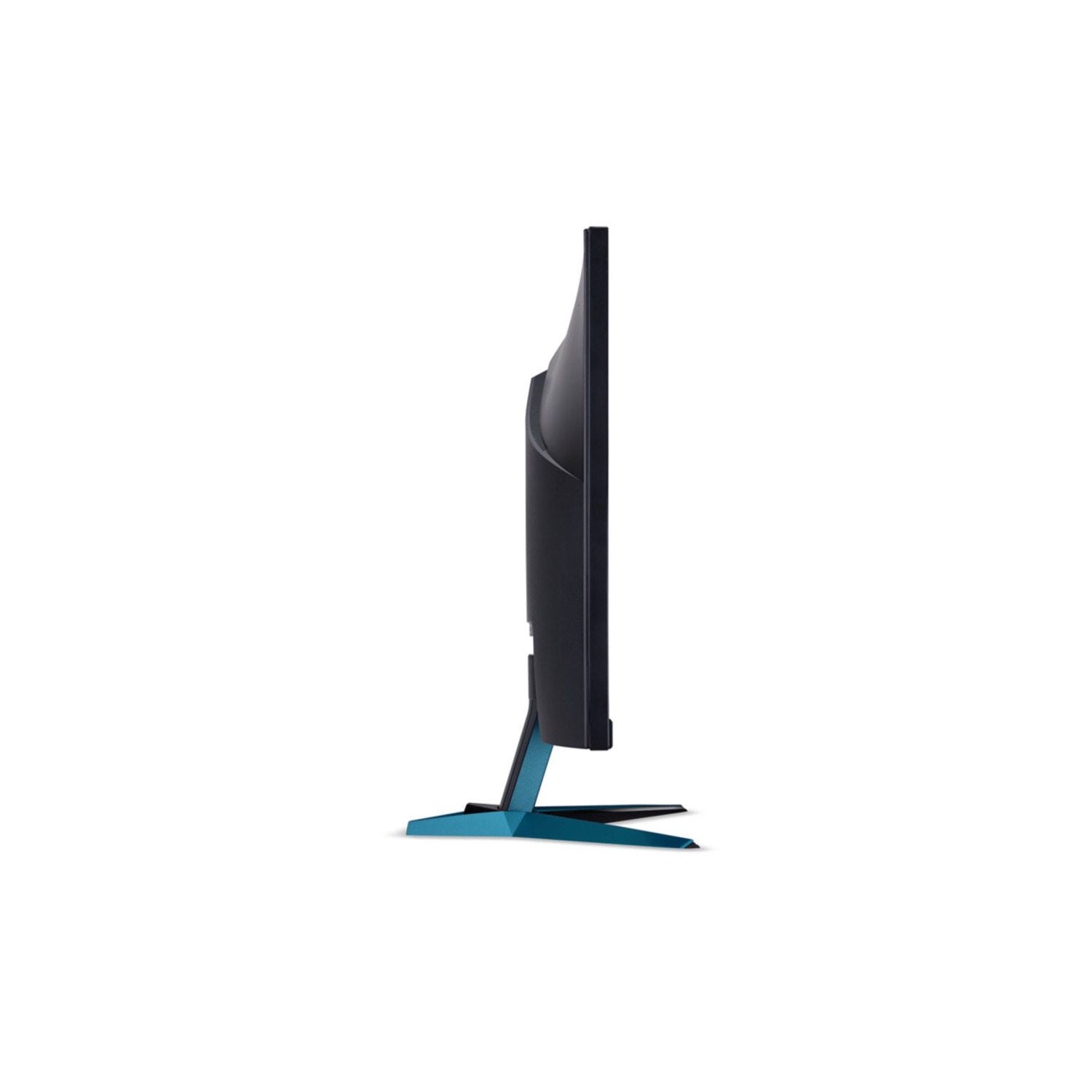 Side view of a monitor with black frame and a blue stand, white background.