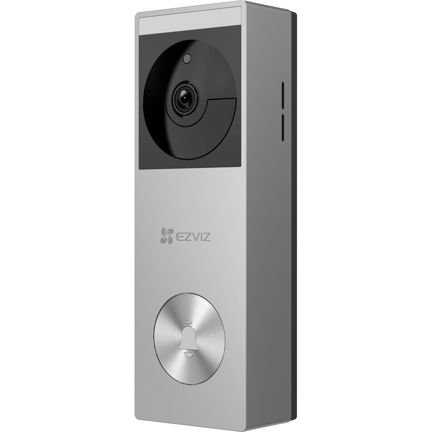 A silver EZVIZ doorbell. Features a camera, a button, and the EZVIZ logo.
