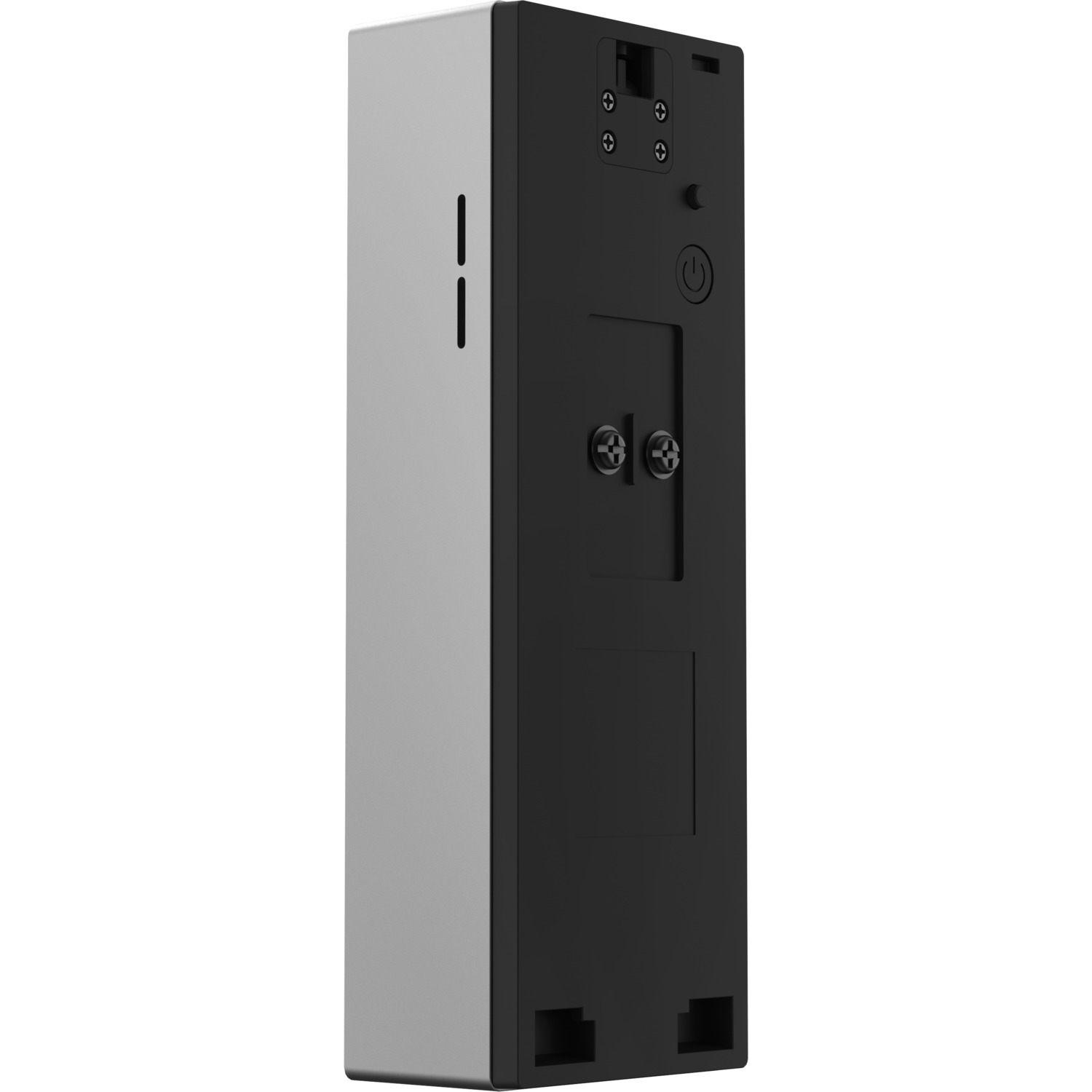 A slim, two-toned doorbell, with a silver front and black back with buttons.