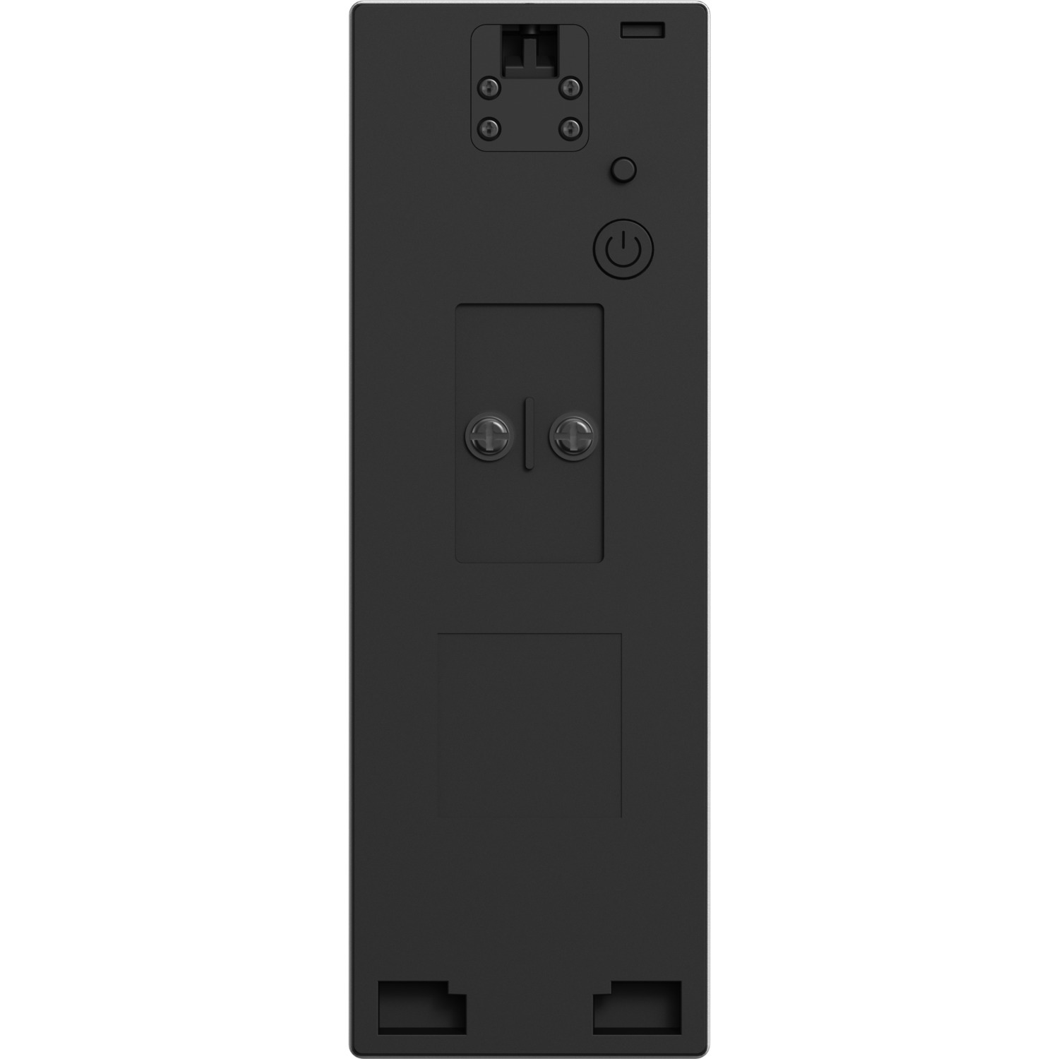 A black rectangular device with a power button, screws, and other components.