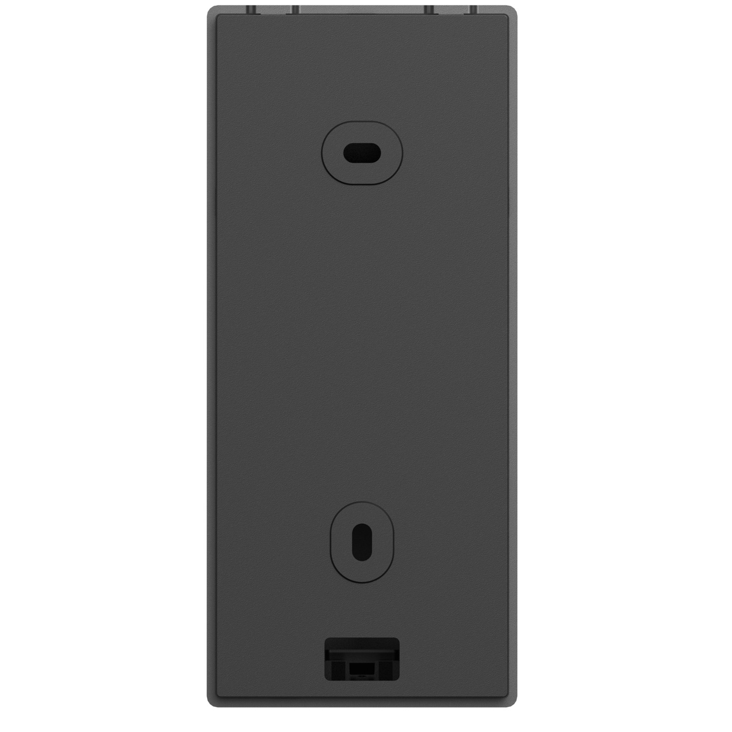 A dark gray rectangular device with two holes and a port on the back.