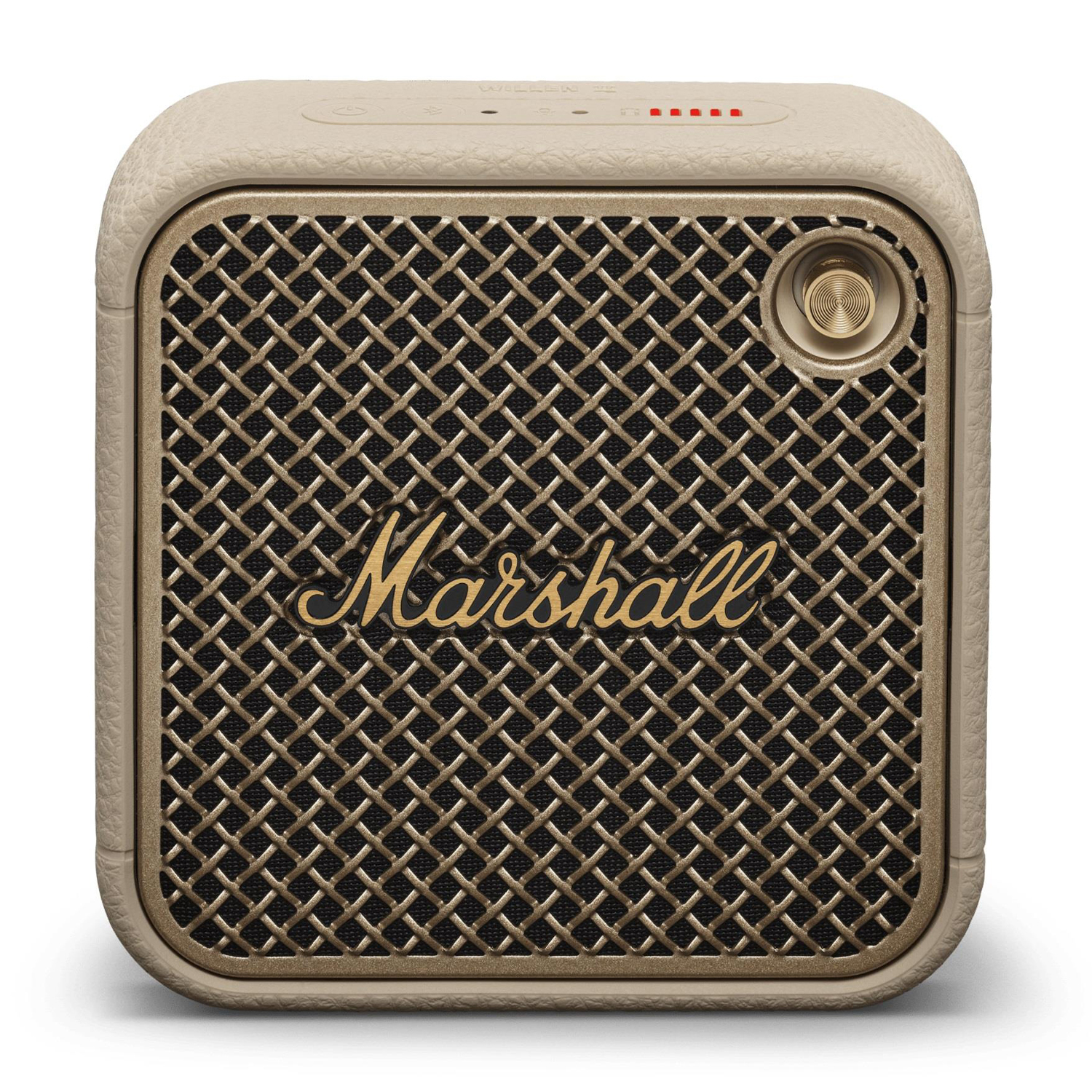 Un altoparlante Marshall beige con griglia dorata e una manopola di controllo.