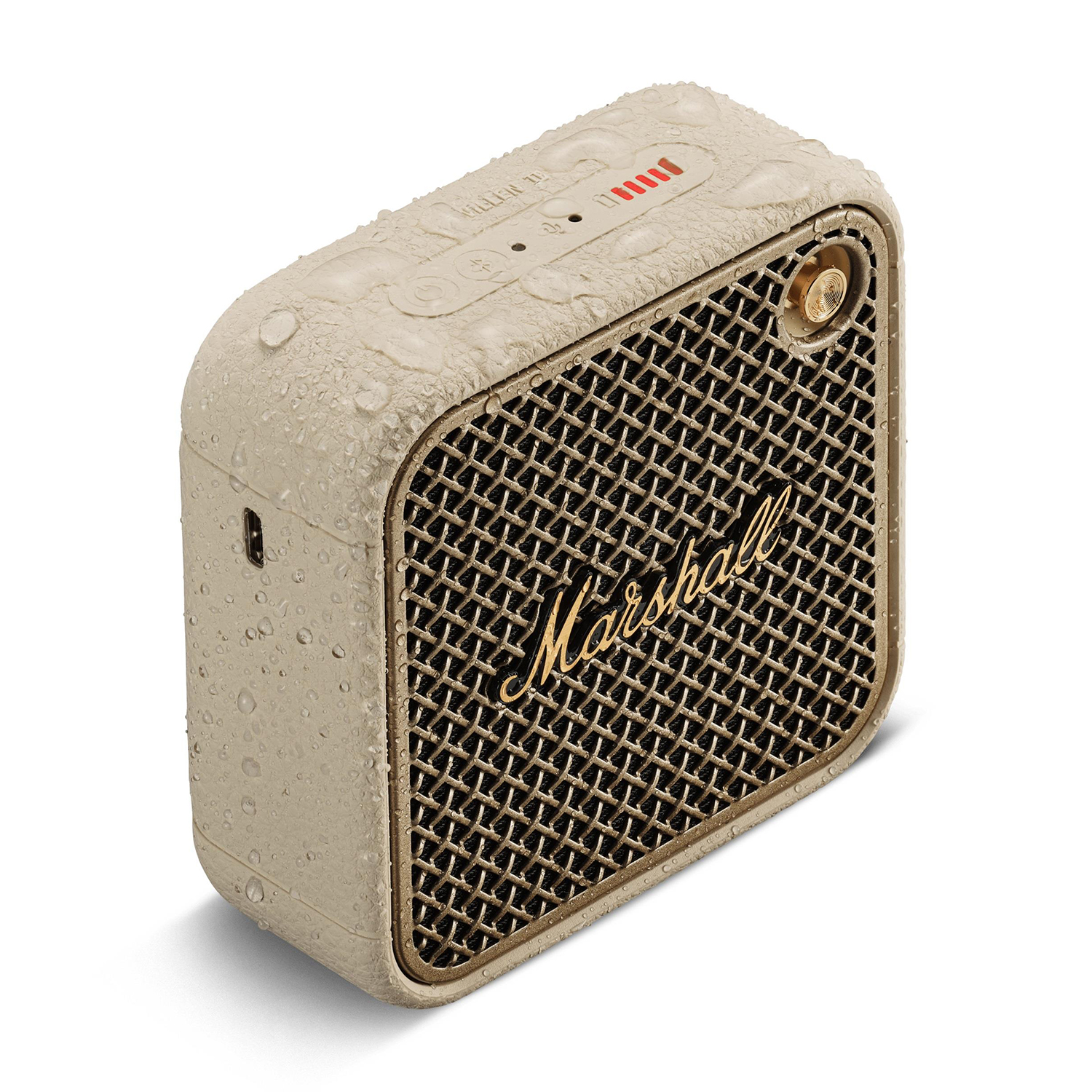 Altoparlante portatile, color beige, gocce d'acqua, griglia dorata, logo Marshall.