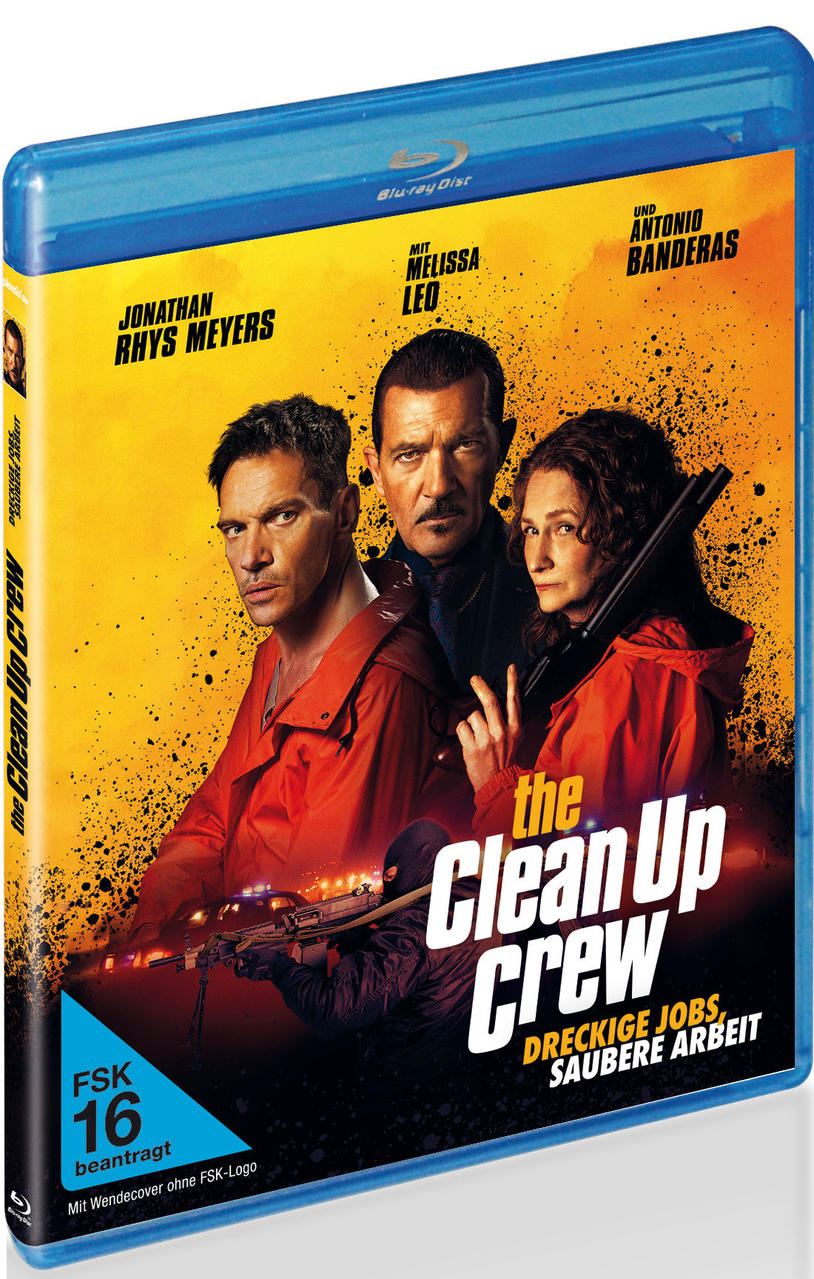 Blu-ray-Hülle mit dem Film „The Clean Up Crew“. Drei Personen sind vorne.