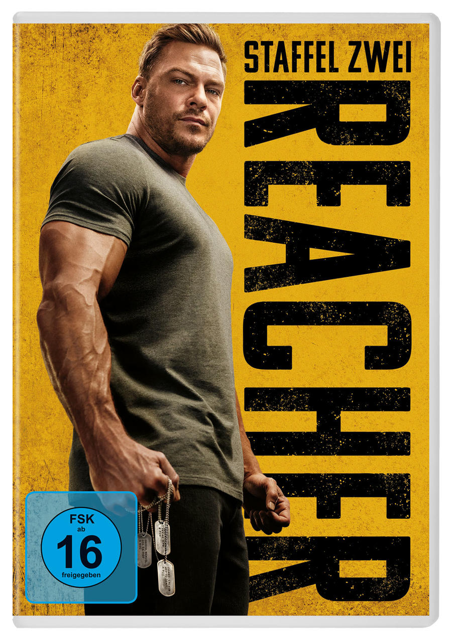 DVD-Cover für Reacher mit dem Schauspieler, der Erkennungsmarken hält. Gelber Hintergrund.