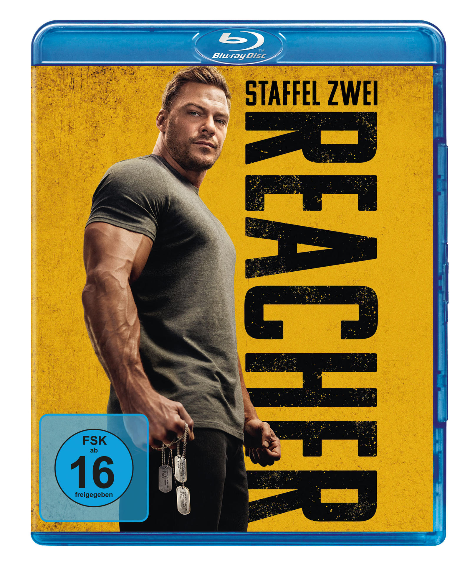 Blu-ray-Cover von 'Reacher'. Ein Mann in einem grünen Hemd hält Erkennungsmarken, mit gelbem Hintergrund.
