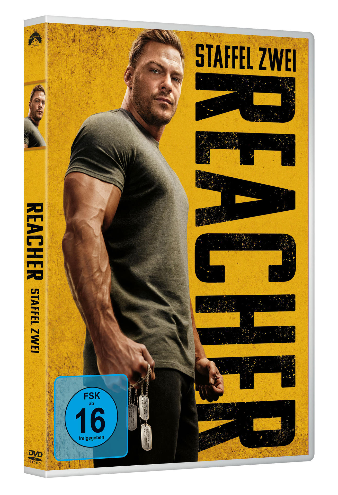 DVD-Cover für 'Reacher' Staffel zwei mit einem Mann in grünem Hemd.