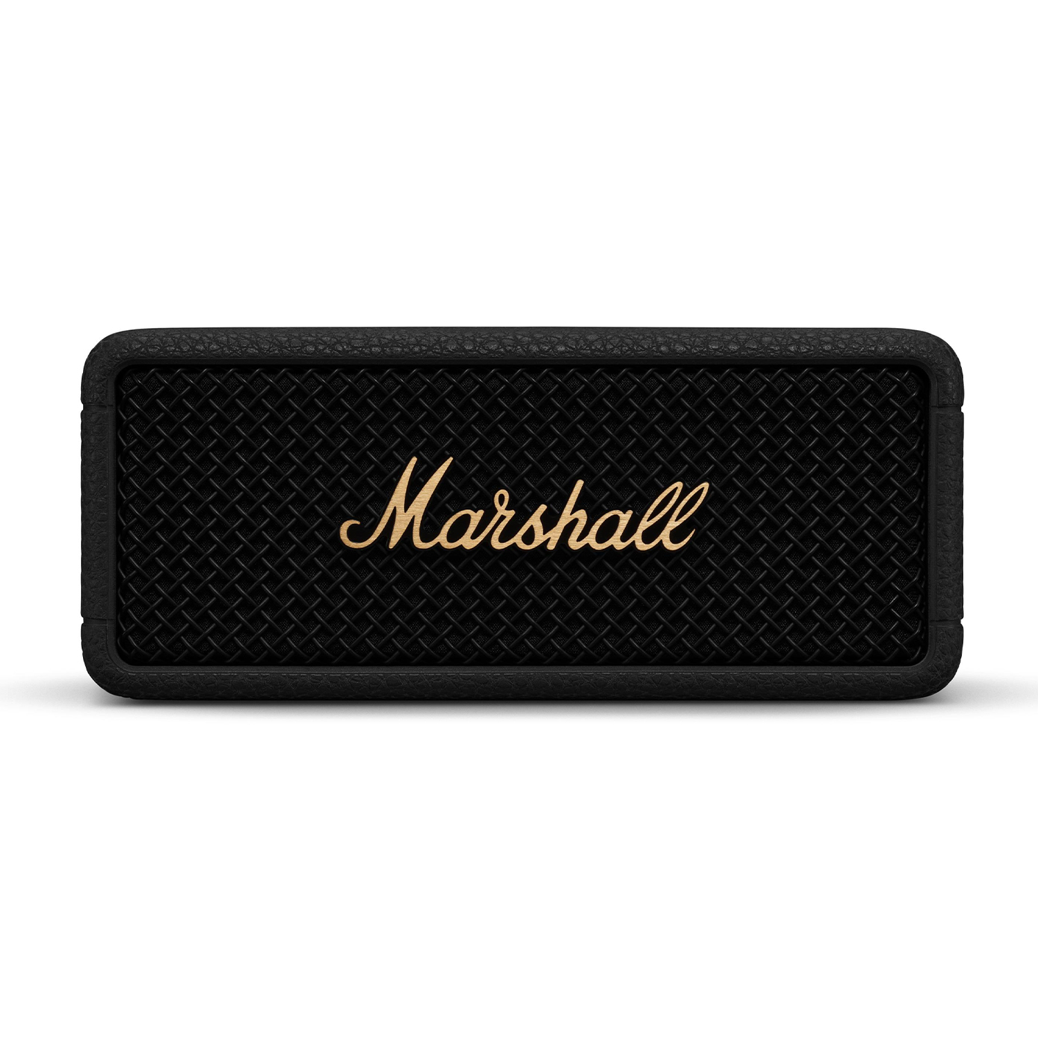 Un altoparlante Marshall nero con il marchio in oro. Ha una superficie strutturata e una forma rettangolare.