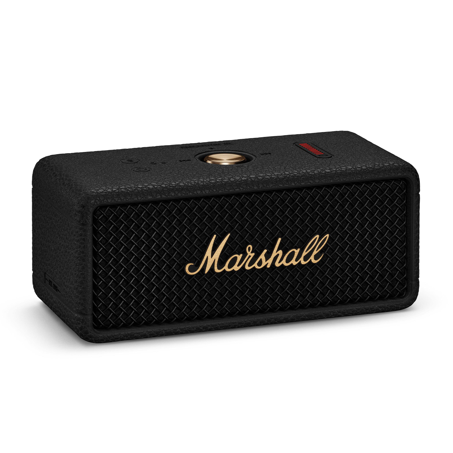 Altoparlante Marshall nero. Ha un pulsante dorato e il logo Marshall.