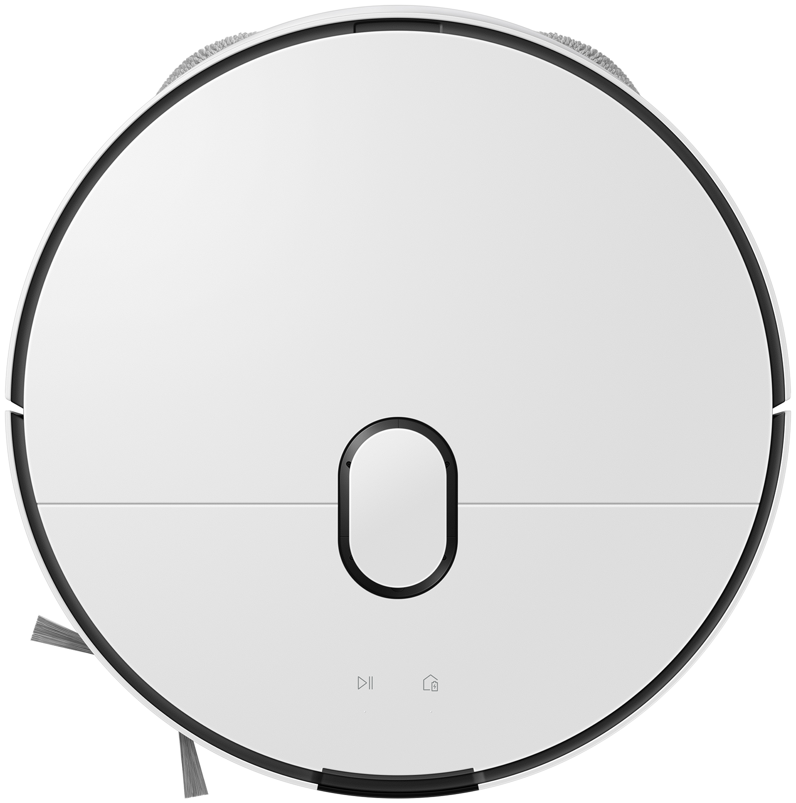 Egy fehér robotporszívó, felülnézetből. Kerek formájú és fekete gombja van. A felülete fehér.