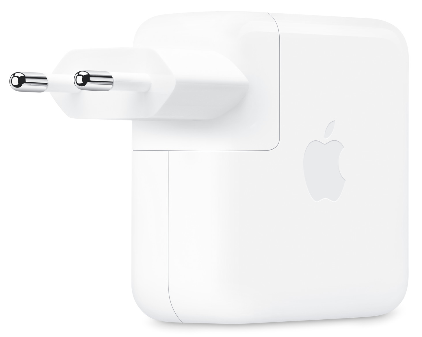 Fehér Apple töltő két tüskével, az Apple logójával.