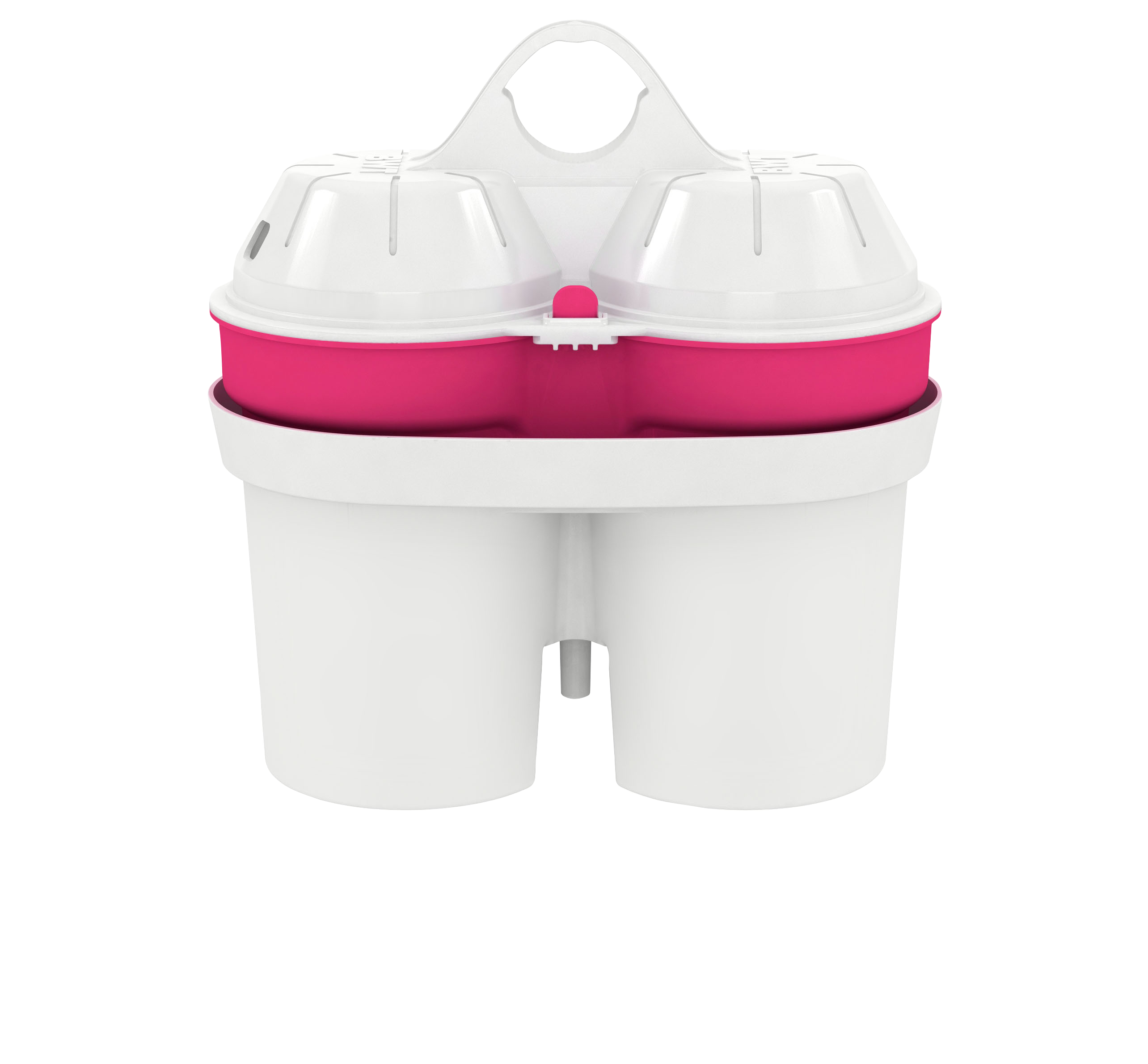 Eine weiße und rosa Wasserfiltereinheit mit zwei Kammern und einem Griff. Weißer Hintergrund.