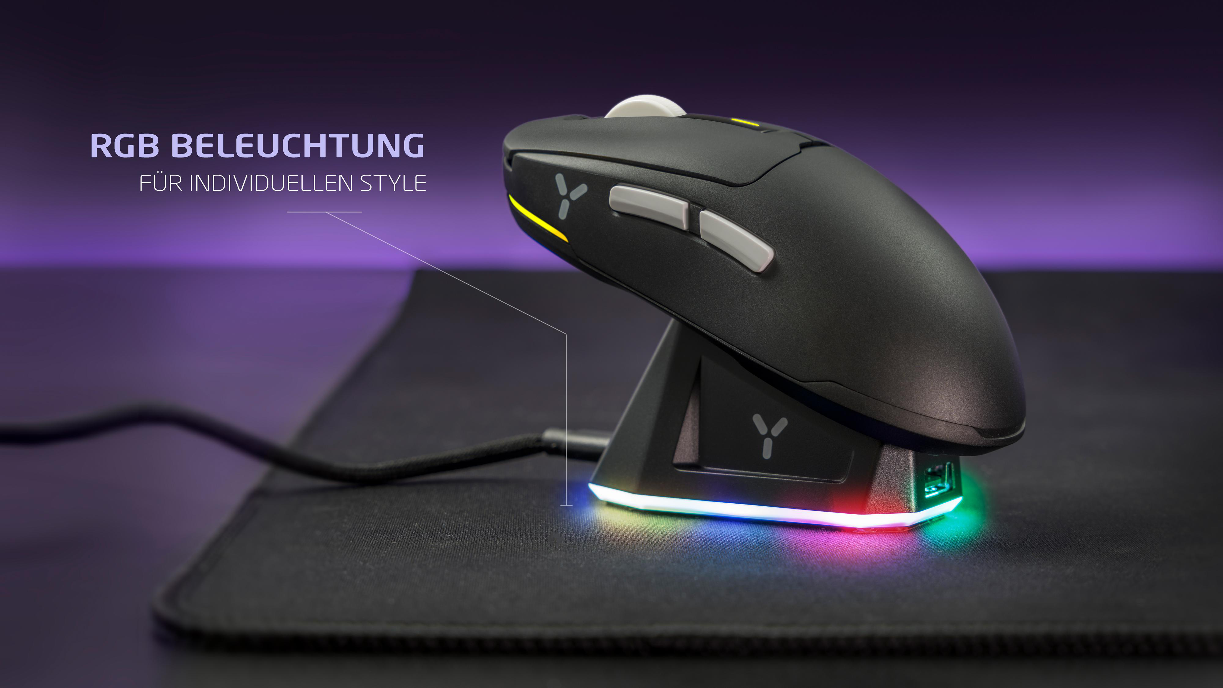 Schwarze Gaming-Maus auf Ladestation mit RGB-Beleuchtung.