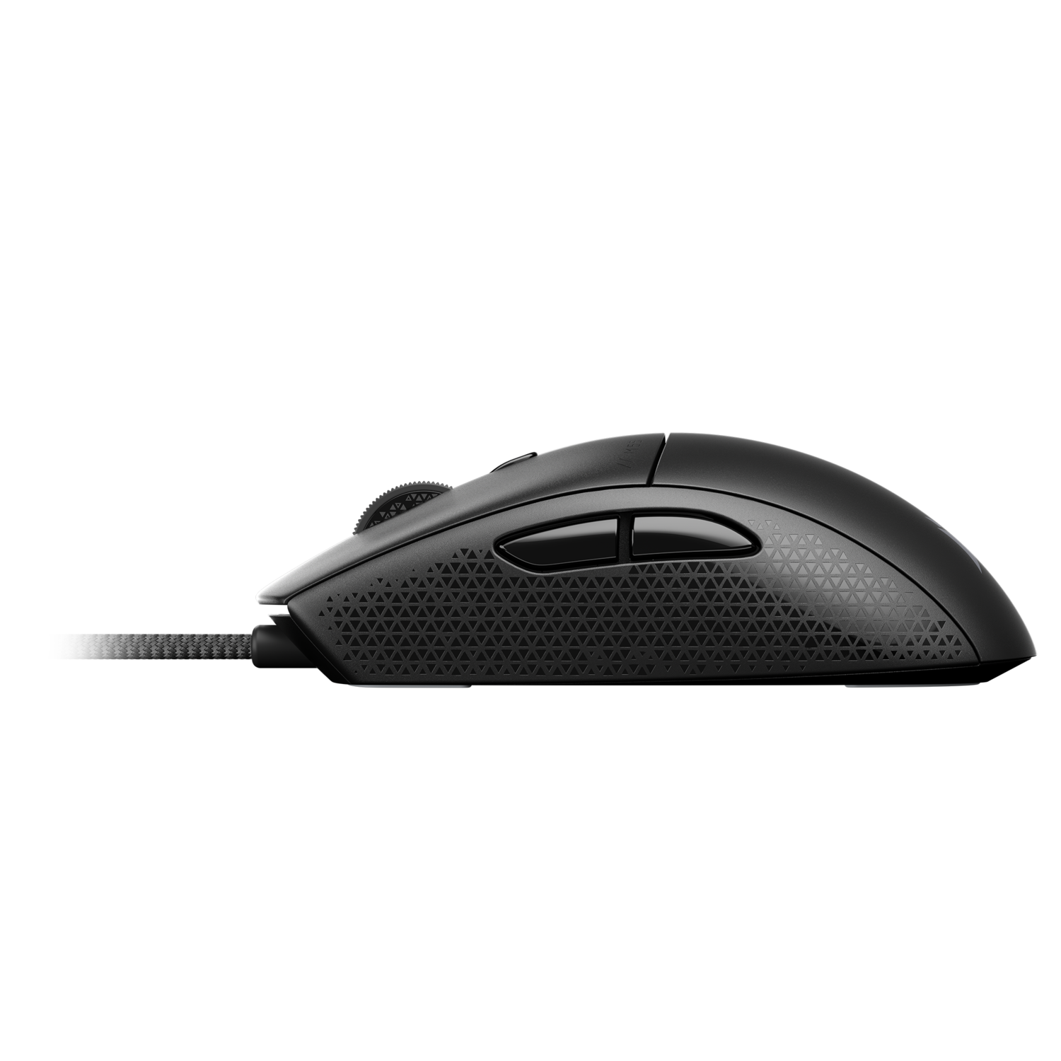 Black computer mouse, side view, with texture and cable.