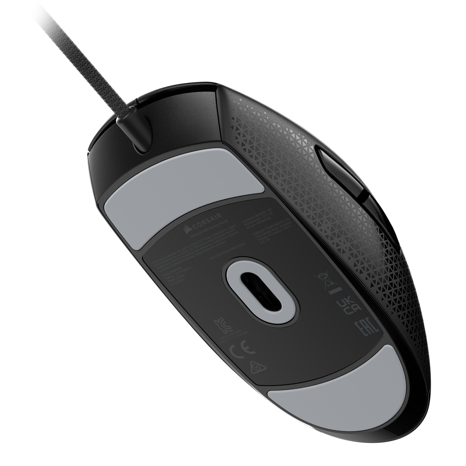 Black Corsair mouse, bottom view, with gray pads and a textured surface.