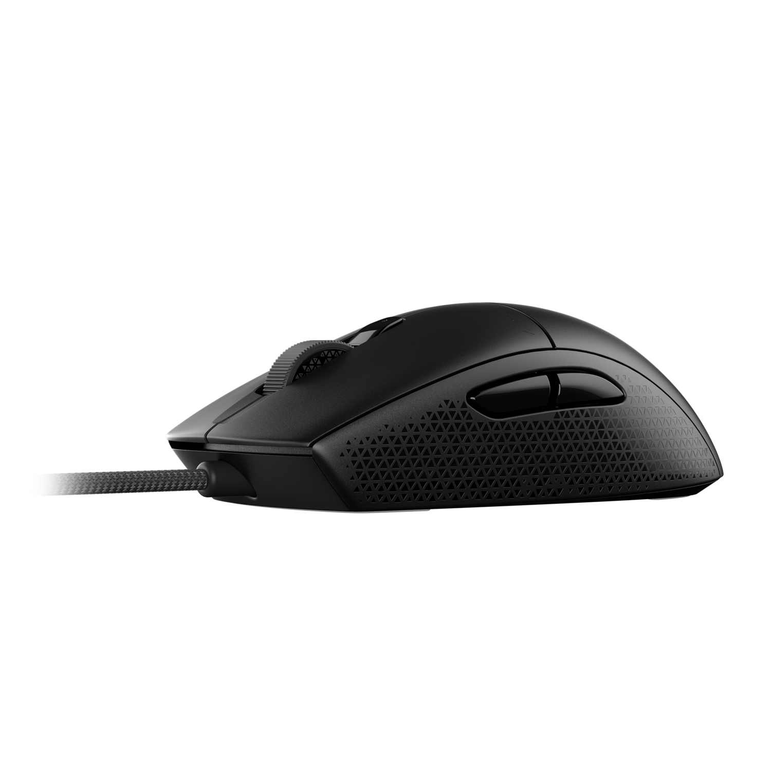 A black gaming mouse with a textured grip and a cord on a black background.