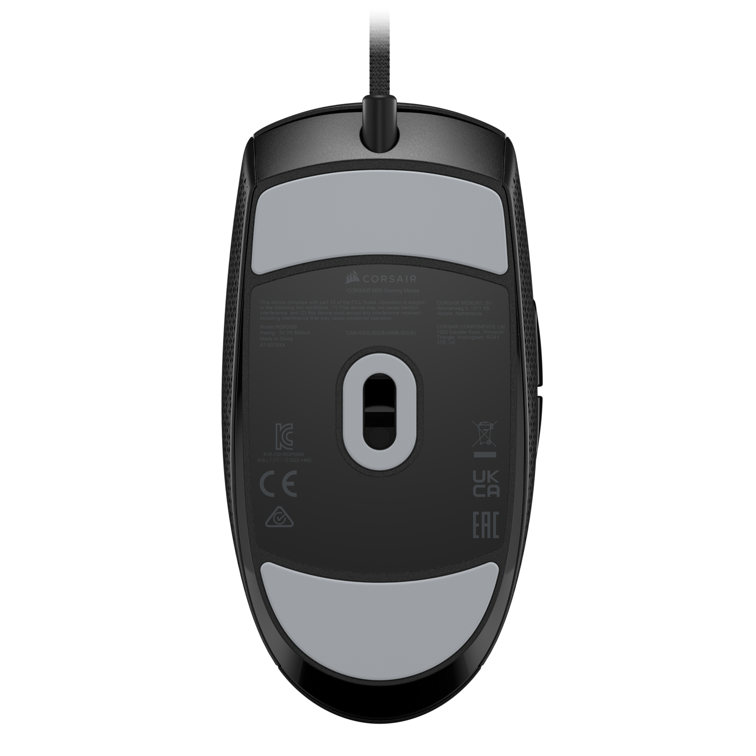 The bottom of a black computer mouse with two gray pads and a white Corsair logo.