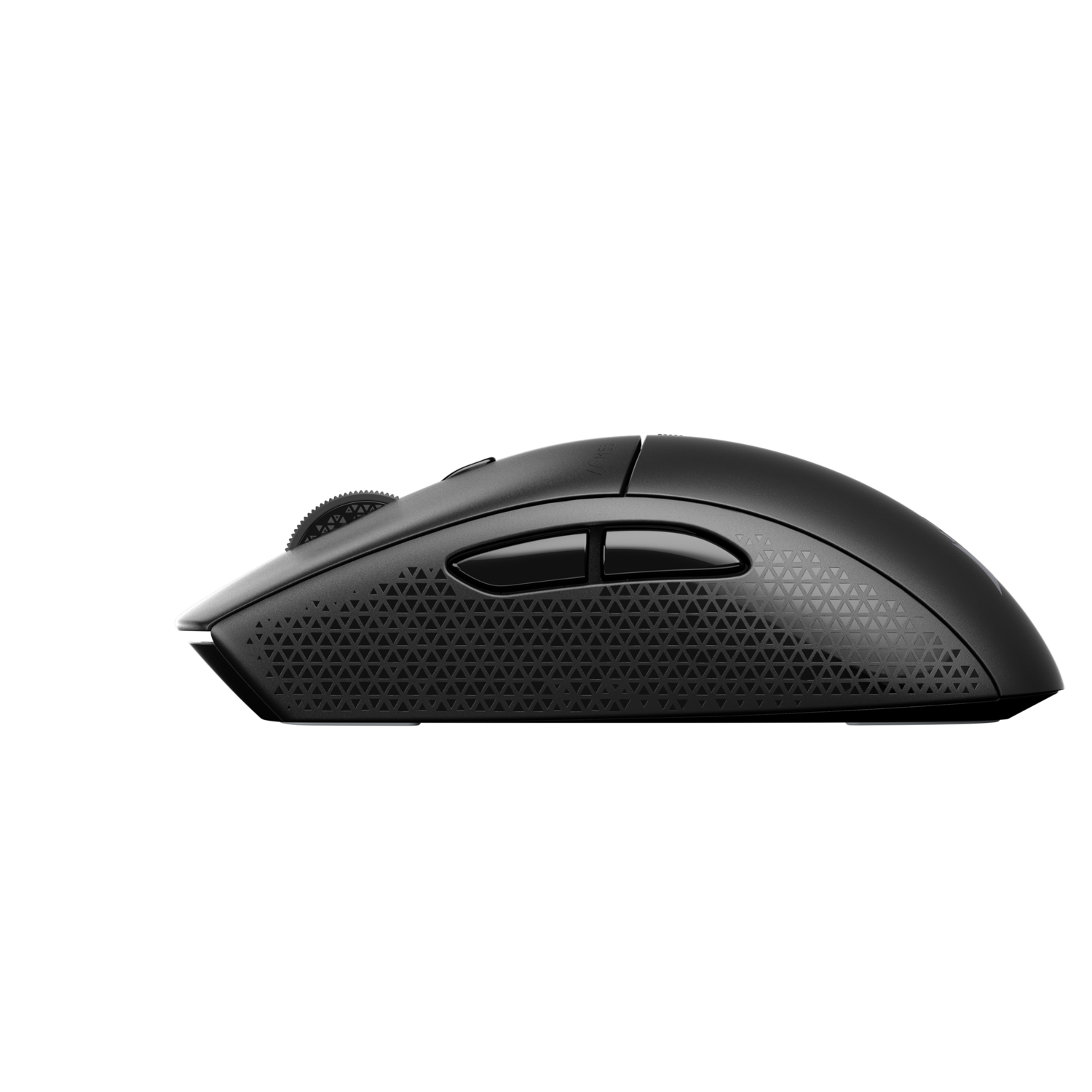 Zwarte gamingmuis met getextureerde zijkant.