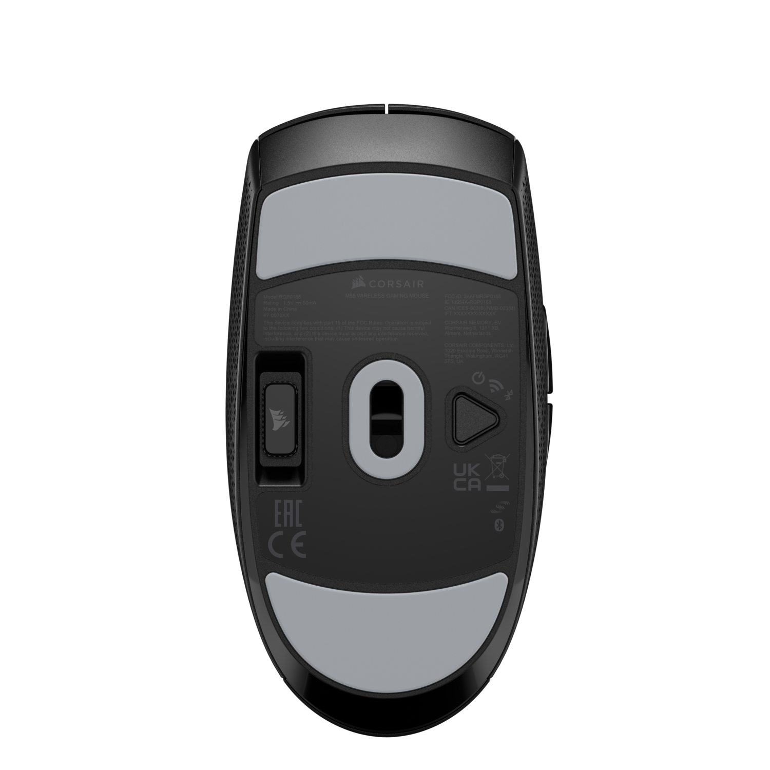 Onderaanzicht van een zwarte draadloze muis met grijze pads en Corsair-logo.