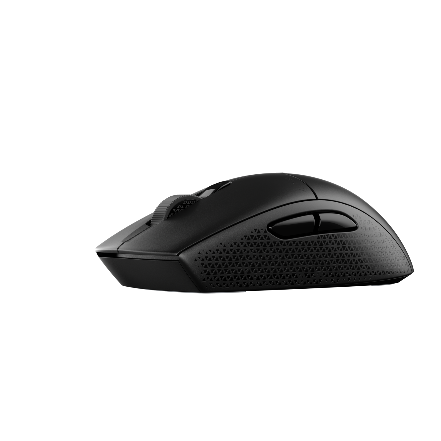 Zwarte gamingmuis op een zwarte achtergrond. Het heeft een scrollwiel en zijknoppen.