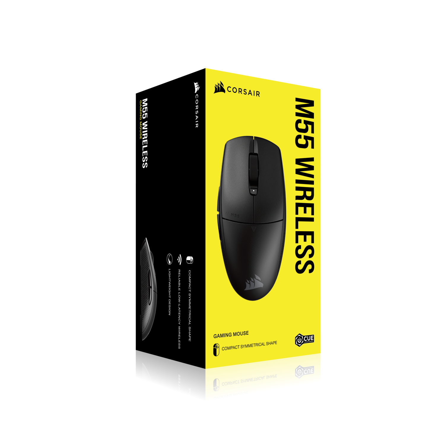Zwarte Corsair M55 draadloze gamingmuis doos, met muisafbeelding, gele achtergrond.