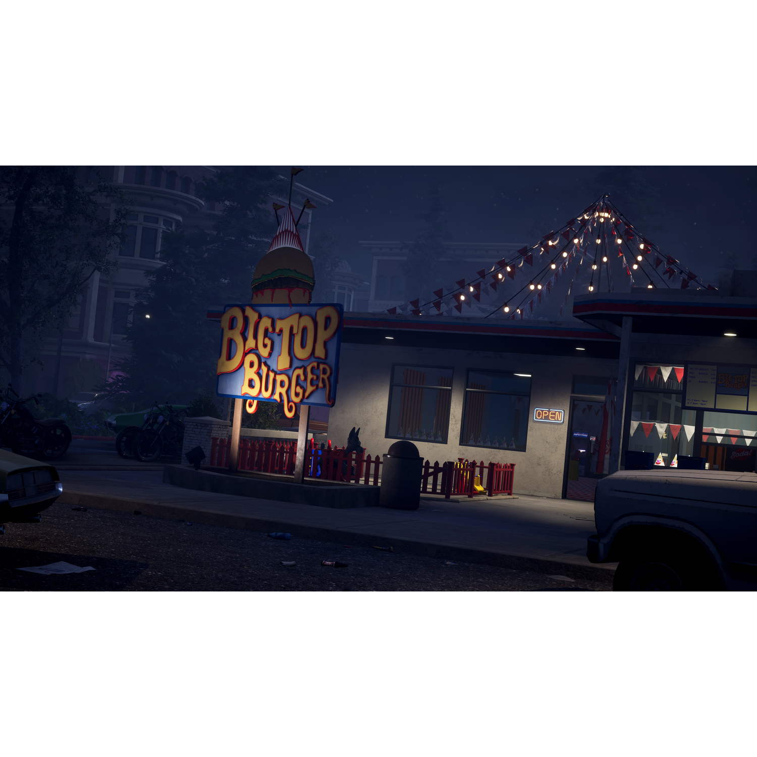 Nachtscène van een eethuis, 'Bigtop Burger', met neonreclame en lichtslingers, auto's en bomen.