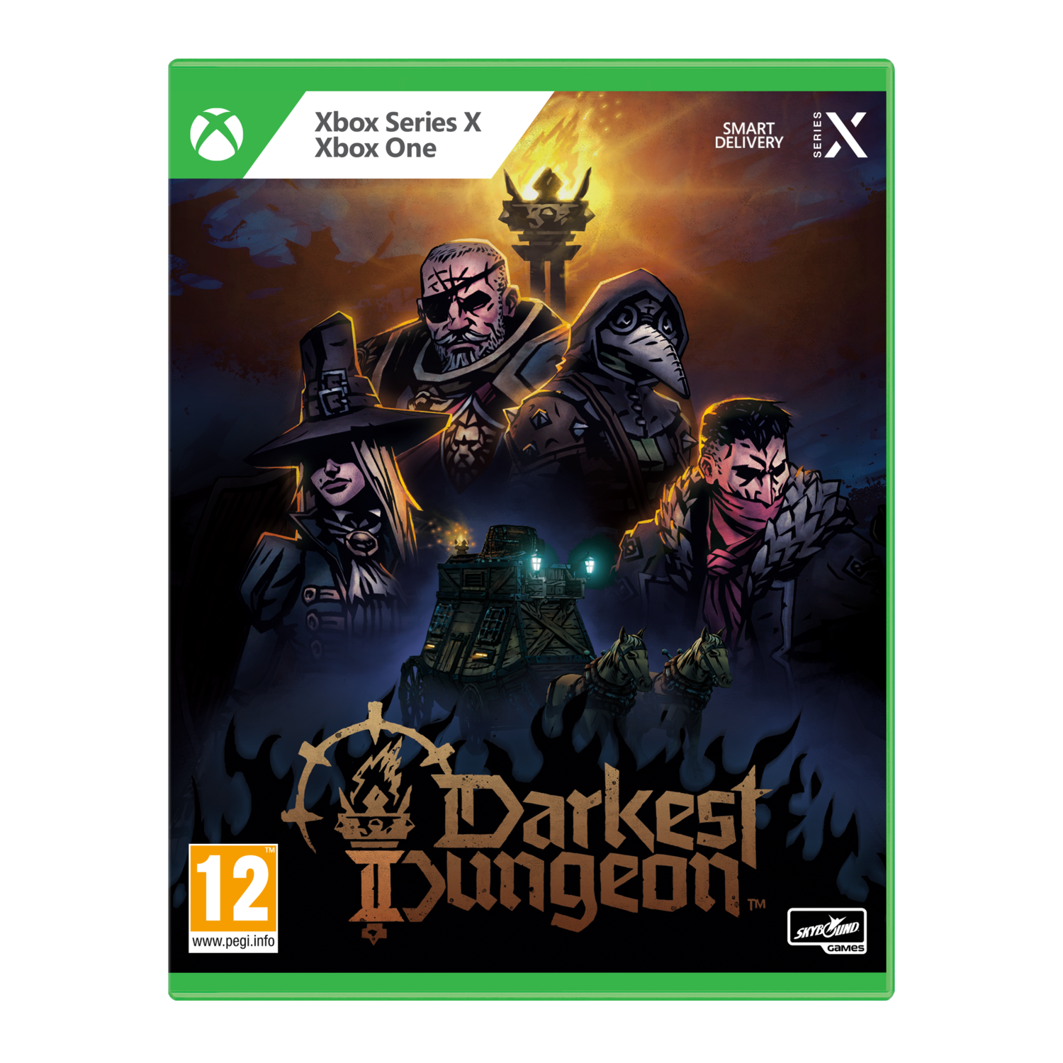 Spelbox art voor Darkest Dungeon, met personages en een duistere fantasie-omgeving.
