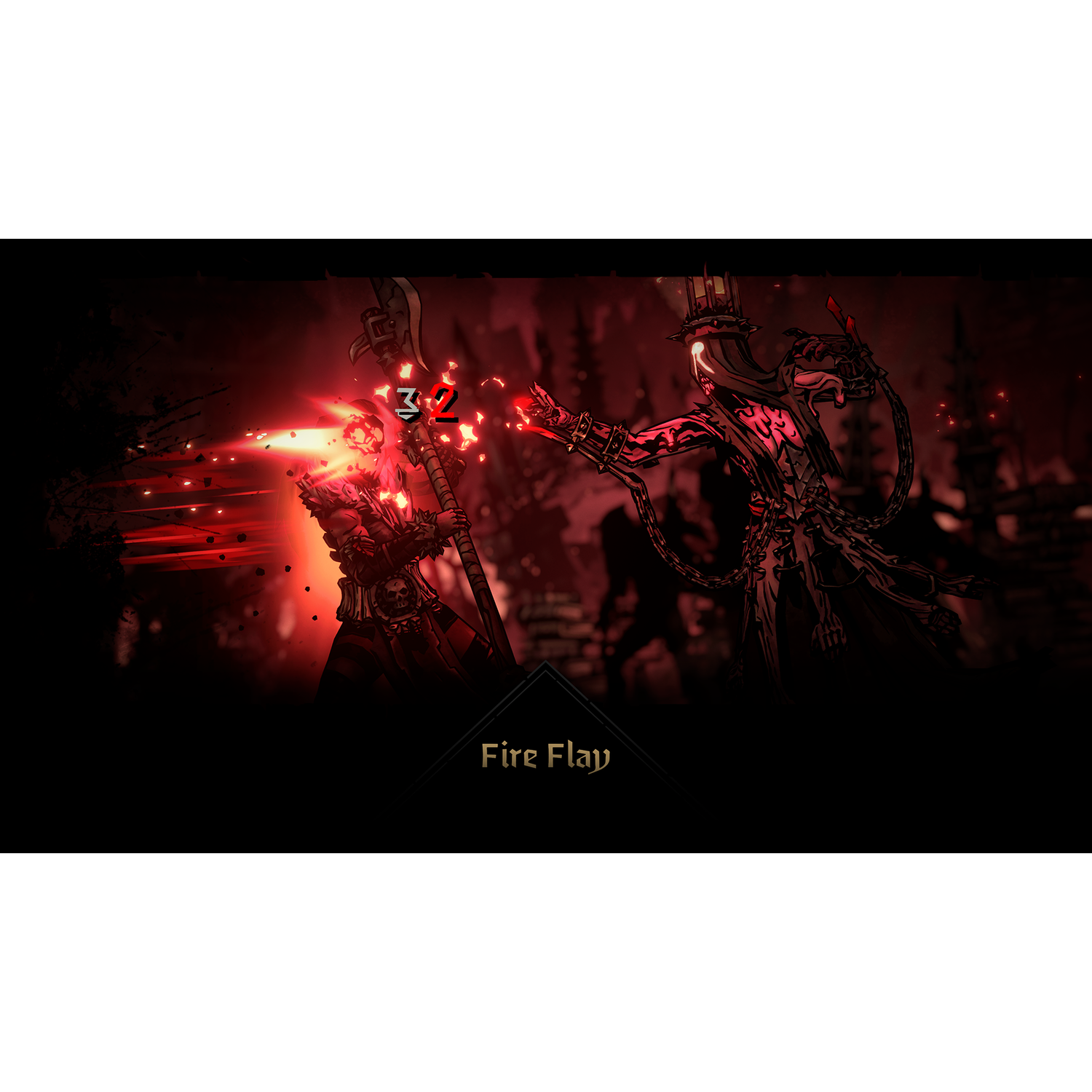 Een Darkest Dungeon-gevechtsscène. Een personage vuurt een rode laser af op een ander, een schadegetal wordt getoond.