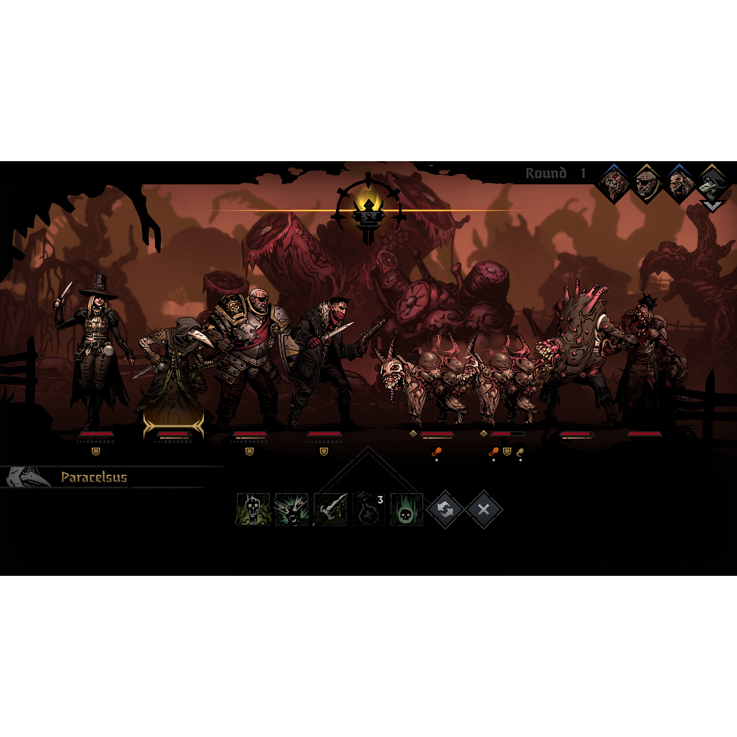Donkere fantasiegamescène met personages tegenover monsterlijke wezens.