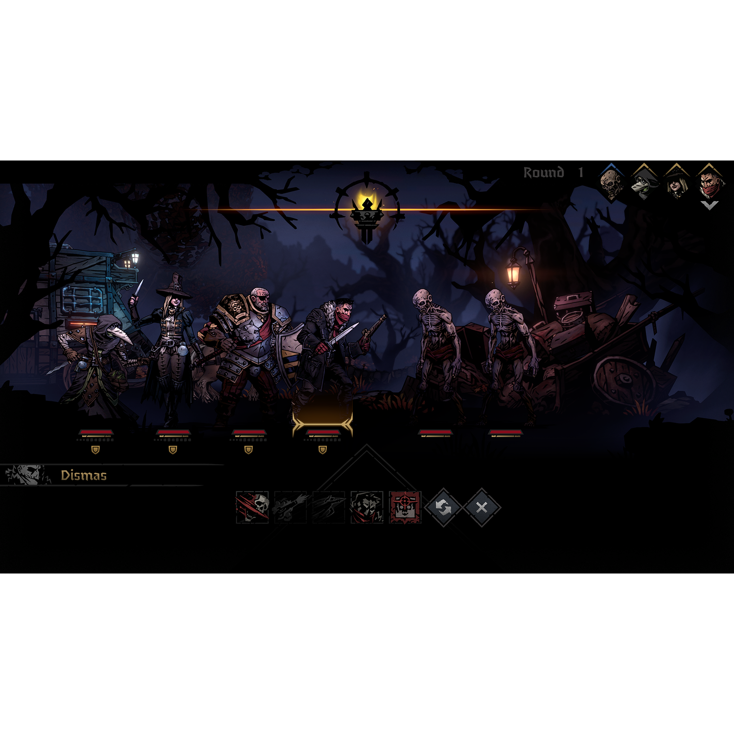 Donkere fantasy-game scène met personages voor een kar en bomen. De game-interface is zichtbaar.