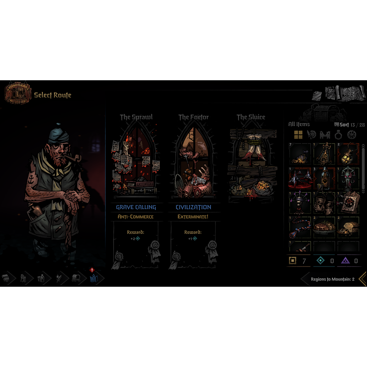 Een game-interface met een karakter links en route selectie rechts.