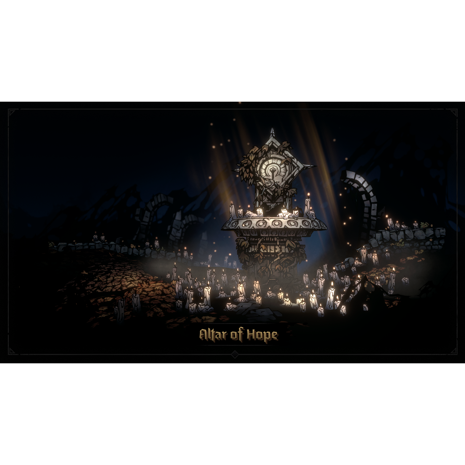 Duistere fantasie-omgeving met altaar, kaarsen en een structuur met een klok. "Altar of Hope"-onderschrift.