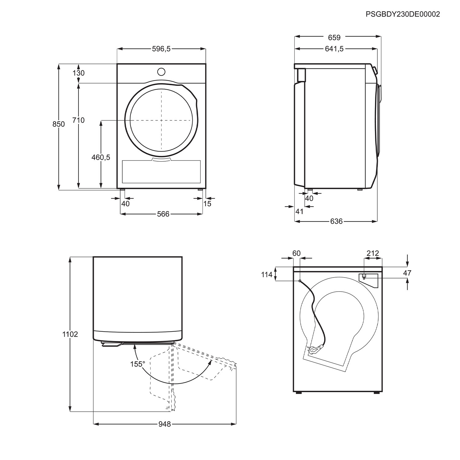 Disegno tecnico di una lavatrice con dimensioni e varie viste.