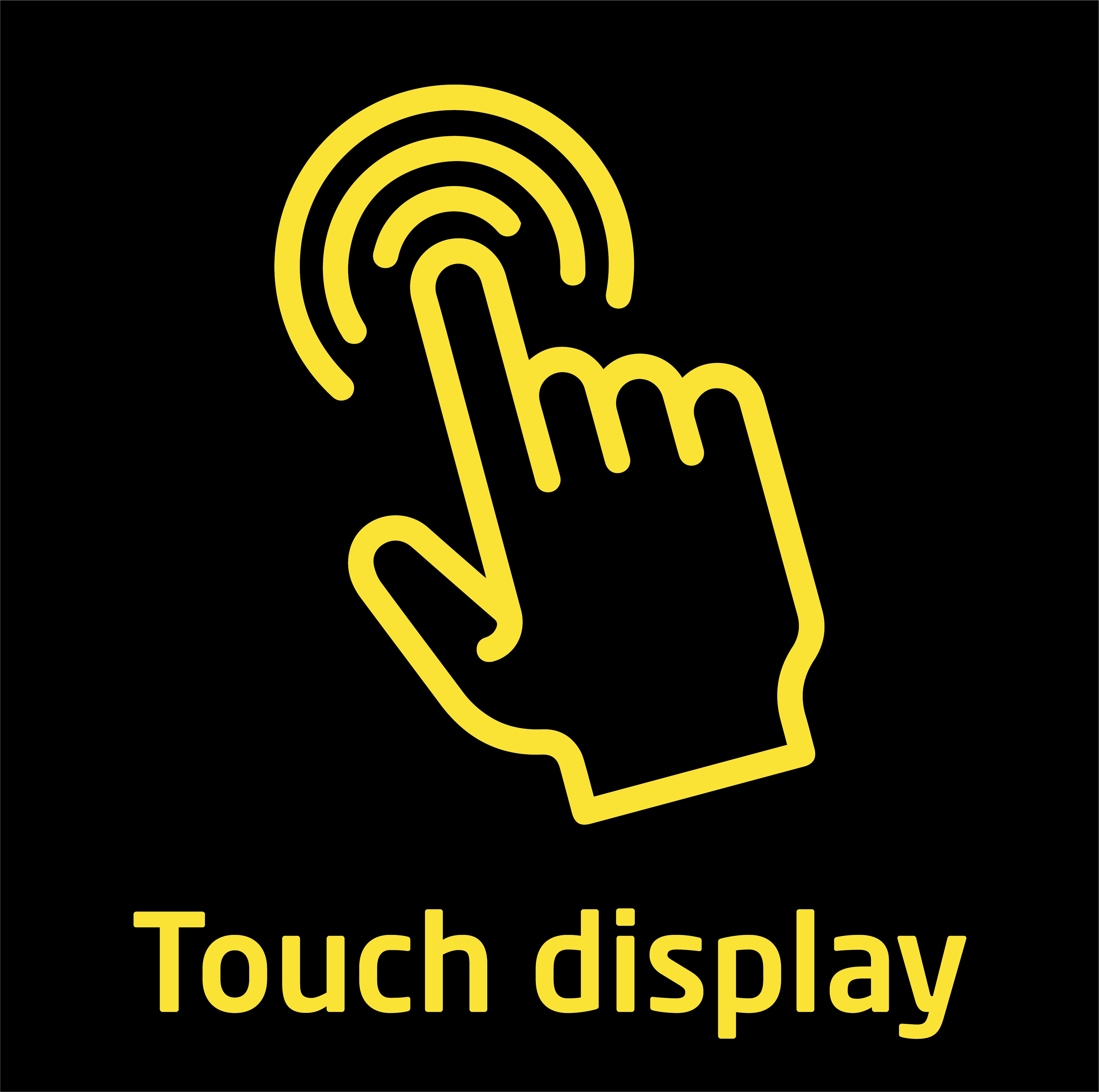 Ein gelbes Hand-Symbol berührt einen Bildschirm, mit dem Text 'Touch Display' auf schwarzem Grund.