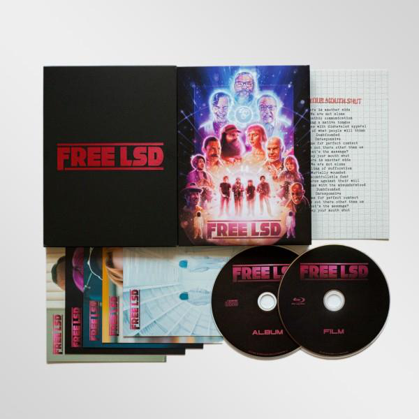 Box-Set mit "FREE LSD"-Motiv, Filmcover, CDs und Dokumenten.