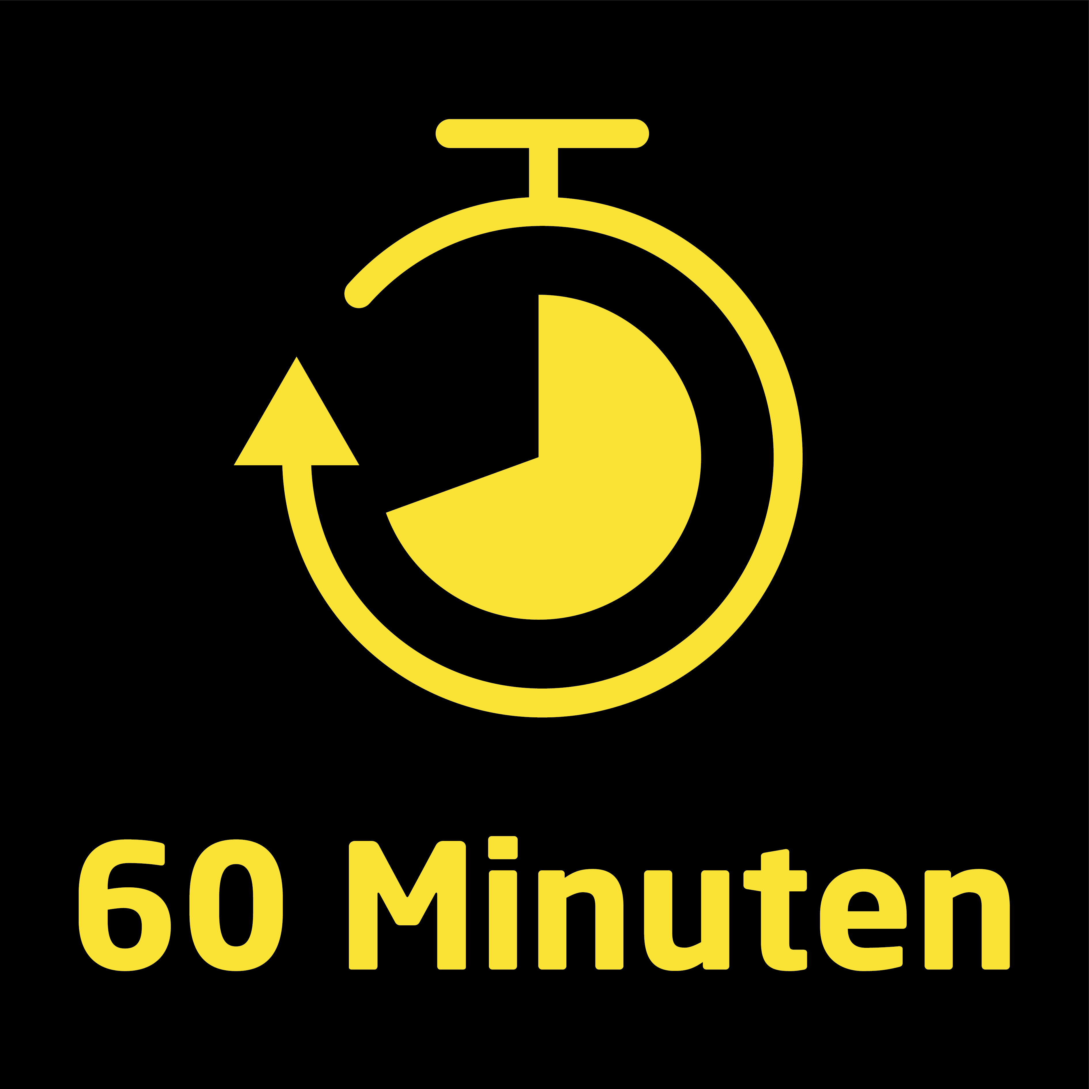 Gelbes Stoppuhr-Symbol mit Text "60 Minuten" auf schwarzem Hintergrund.