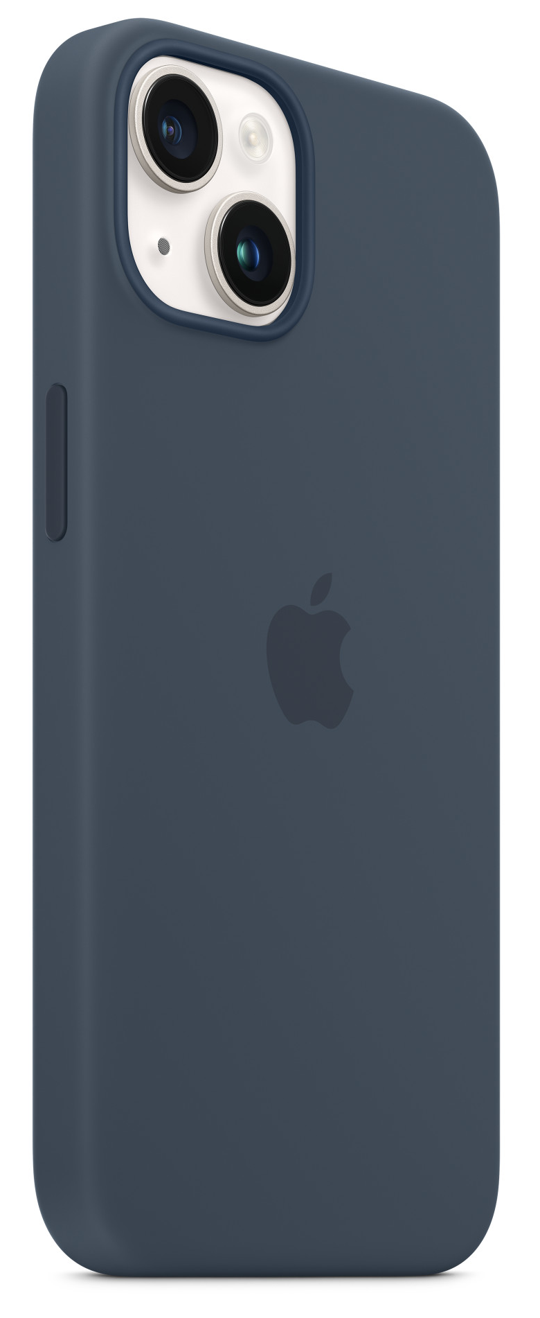 Egy sötétkék iPhone tok az Apple logóval. A tok lefedi a telefont hátulról és a kamerát.