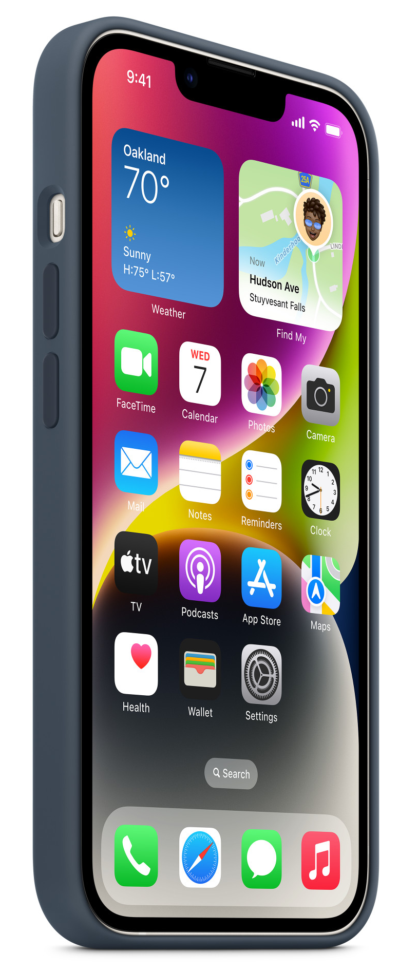 Egy kék tokos iPhone, amely alkalmazásokat és widgeteket jelenít meg. Időjárás, naptár és térkép alkalmazásokat mutat.