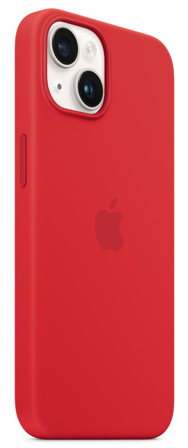 Piros iPhone, két kamerával és piros Apple logóval a hátulján. Fehér háttér.