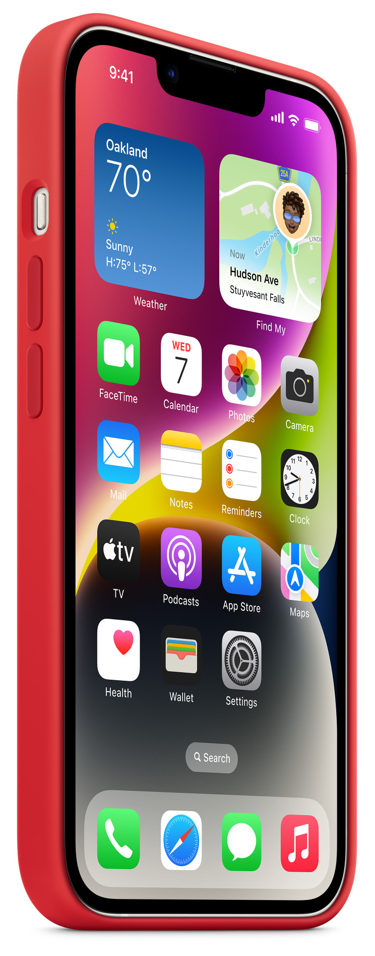 Piros iPhone időjárás és naptár widgetekkel a képernyőn.