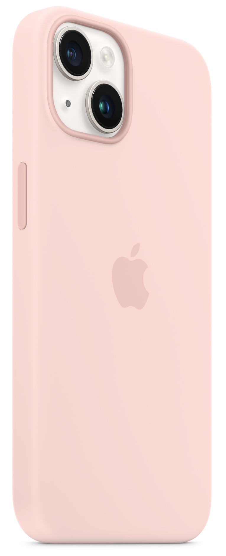 Rózsaszín iPhone 14 tok két kamerával. Az Apple logója látható a hátoldalon.