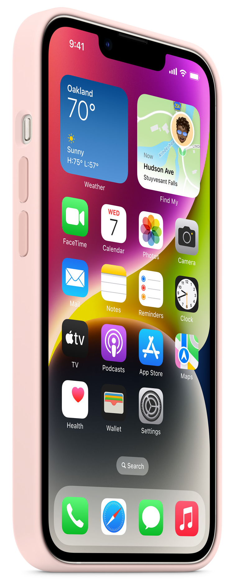 Rózsaszín iPhone fehér háttéren, alkalmazásikonokkal. Telefon tokban.