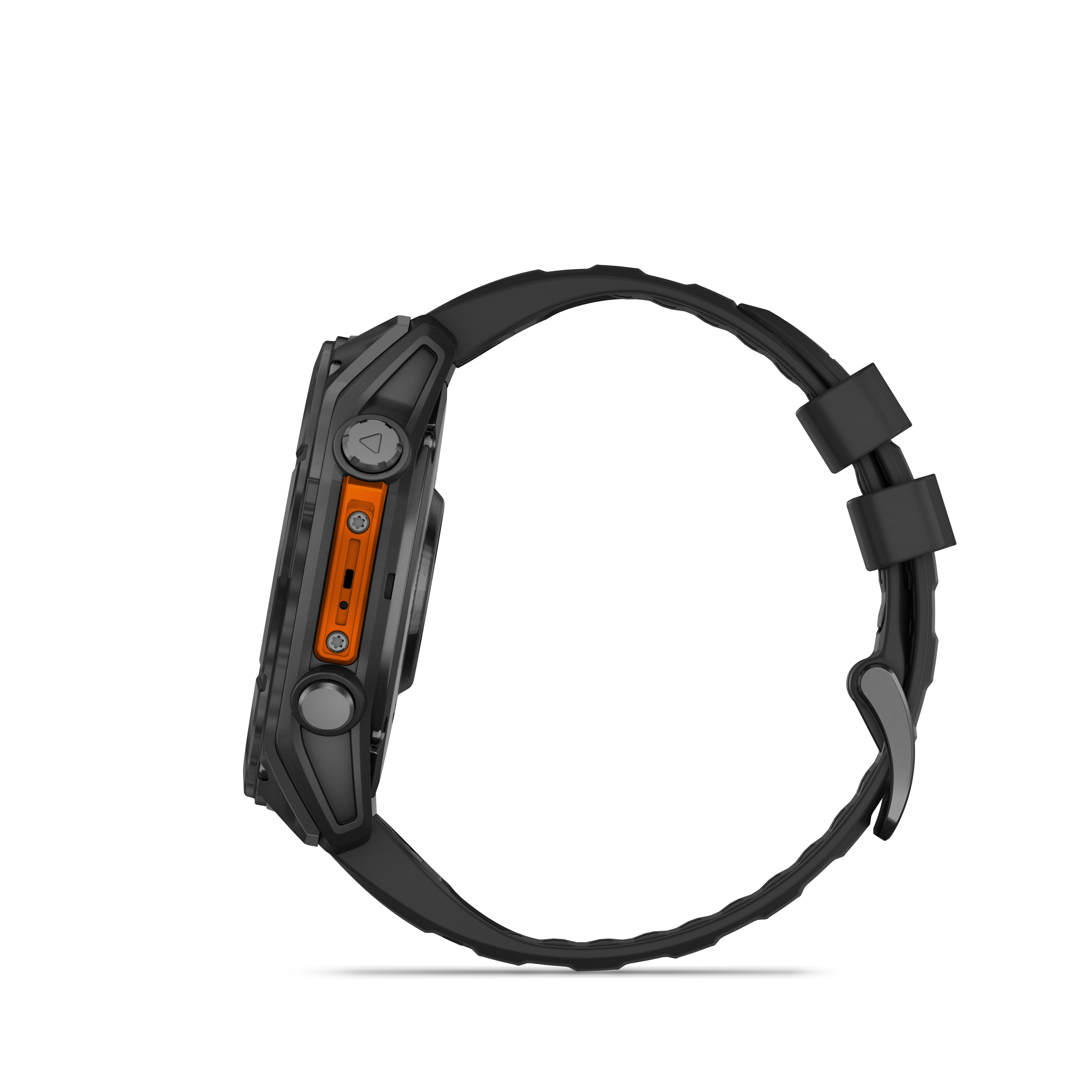 Eine schwarze Smartwatch von der Seite mit orangefarbenem Knopf, vor weißem Hintergrund.