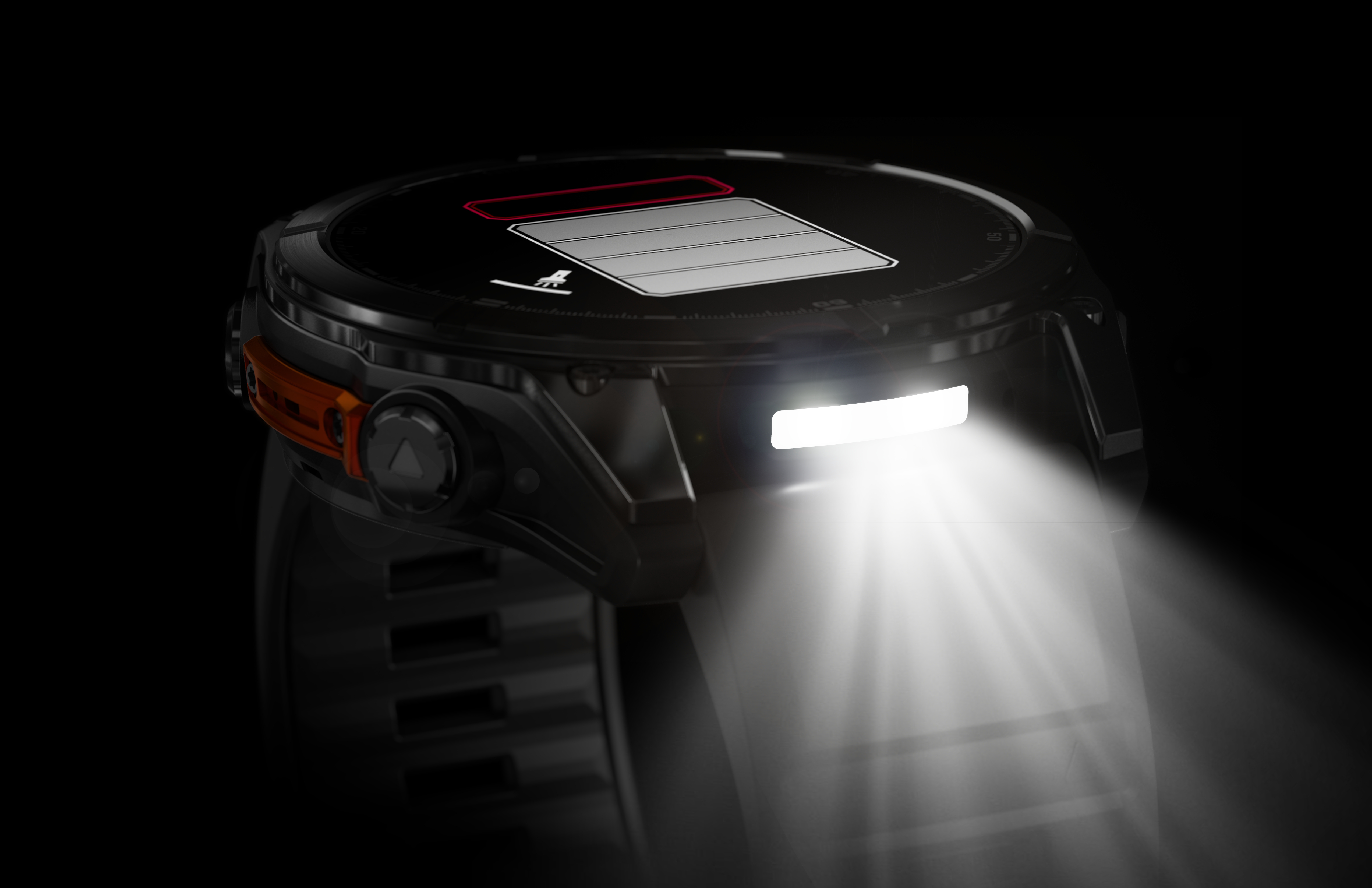 Eine schwarze Smartwatch mit eingeschalteter Taschenlampe, die Akku und Display zeigt. Schwarzer Hintergrund.