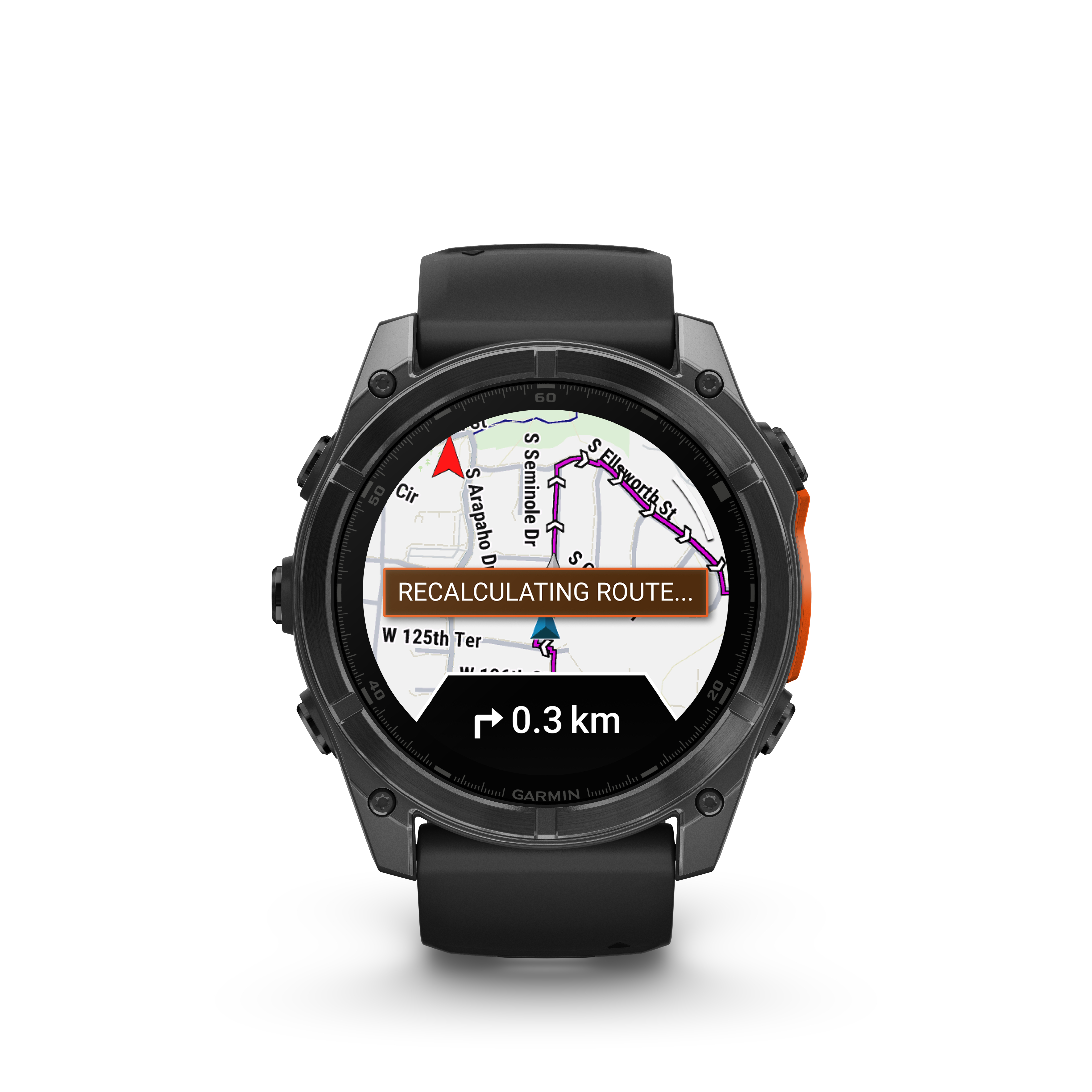 Eine schwarze Smartwatch zeigt eine Karte mit einer Route.