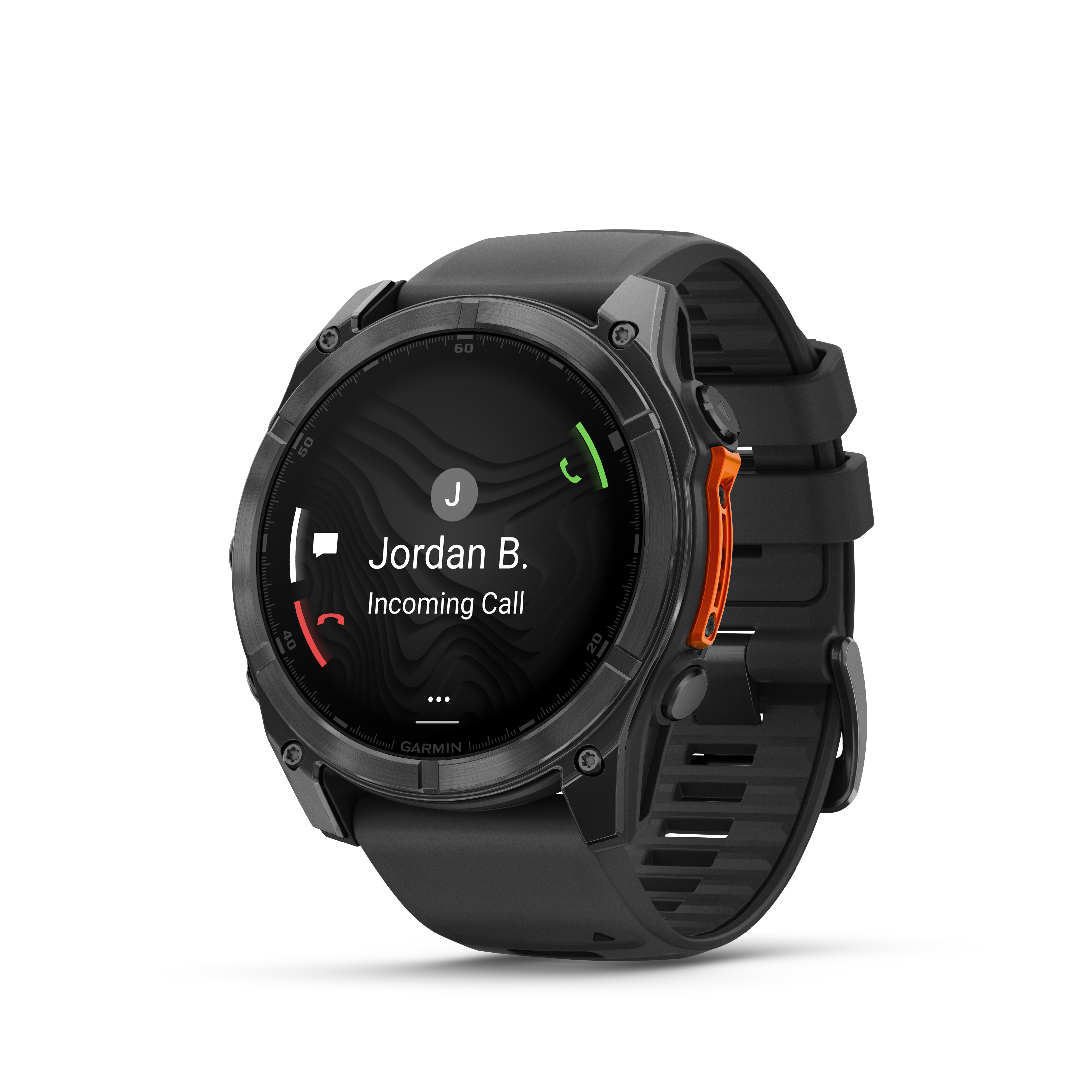 Smartwatch, das einen eingehenden Anruf von Jordan B. anzeigt. Schwarze Uhr mit orangefarbenen Akzenten.