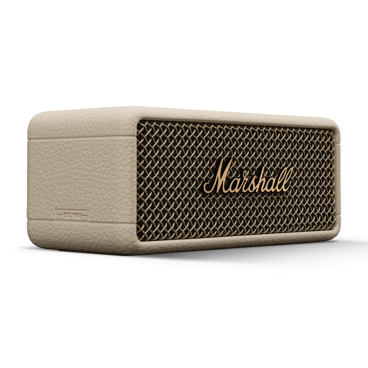 Altoparlante Marshall beige. Ha una griglia e il logo Marshall. Sfondo bianco.