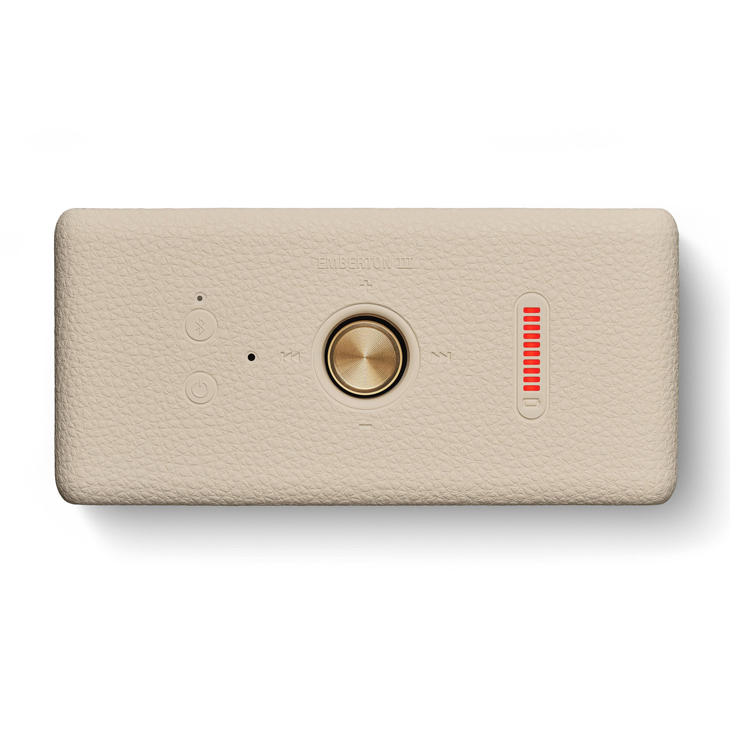 Altoparlante portatile beige con pulsanti e una manopola dorata, e un indicatore della batteria.