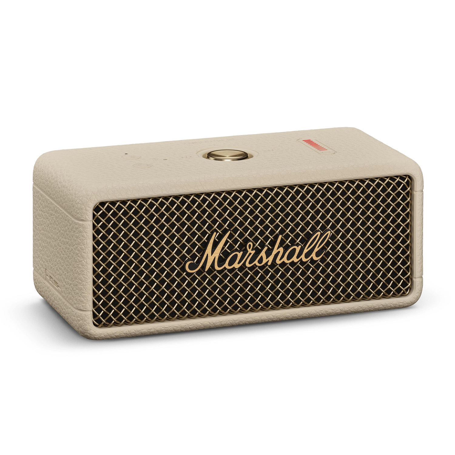 Altoparlante Marshall, colore beige, con griglia frontale dorata e logo Marshall.